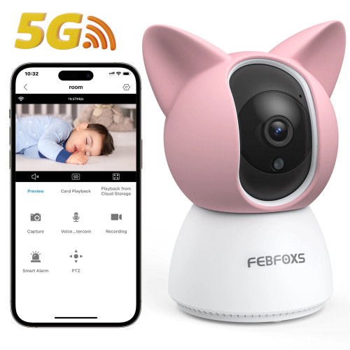 FEBFOXS 2K Baby Monitor, 5G/2.4G Wifi Indoor Security Camera, 360°Pan/Tilt Baby Monitor with Camera and Audio, Night Vision, Motion Tracking, 2-Way Audio