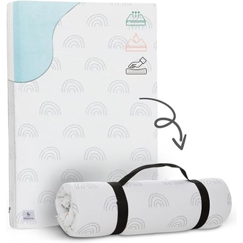 Waterproof Pack and Play Mattress Topper - 38" x 26" | Roll Up Style - Breathable Soft Memory Foam - Portable Playard Mattress Topper- Baby Foam Playpen Mattresses for Babies - Boho Design