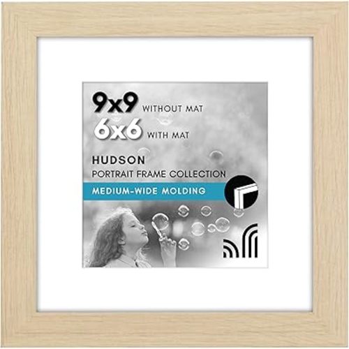 Americanflat 9x9 Picture Frame with Shatter-Resistant Glass - Use as 6x6 Frame with Mat or Display 9x9 Photo Without Mat - Hudson Collection - Wide Square Frames for Tabletop and Wall - Natural Oak