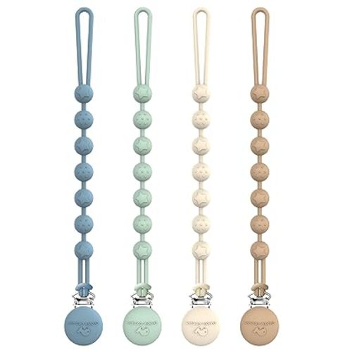 Cuddle Campus Silicone Pacifier Clip Holder with One Piece Design, Pack of 4 Soft Flexible Binky Clips with Texture for Baby Boy and Girl - Neutral Colors - 6m+ Round