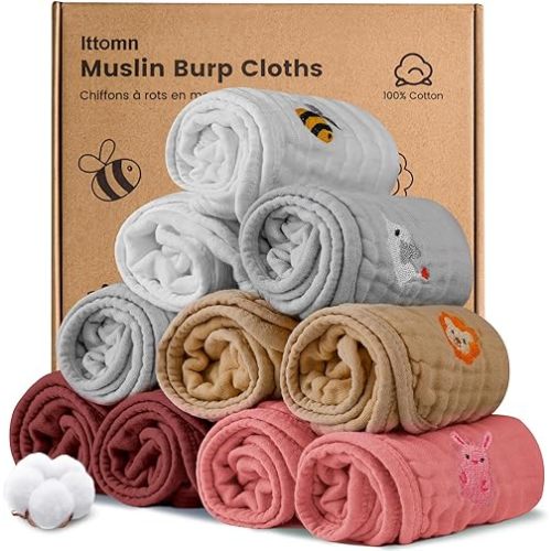 Muslin Burp Cloths 10 Pack,100% Cotton Baby Burping Clothes,Newborn Essential Must-Have Baby Registry,6 Layers Cotton Soft Washcloths,Multi-Colors Face Towels 20"x11"Large (Girls)