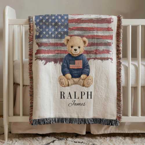 Personalized Teddy Bear Baby Blanket With Name, Patriotic Nursery Decor Custom Woven Throw Baby Shower Gift Boy Keepsake toddler boy blanket