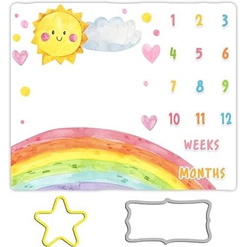 Cartoon Rainbow Baby Monthly Milestone Blanket BTLSME96 - 48x40in Sun Cloud Heart Shape Colored Dots for Newborn Shower, Growth Chart Photography