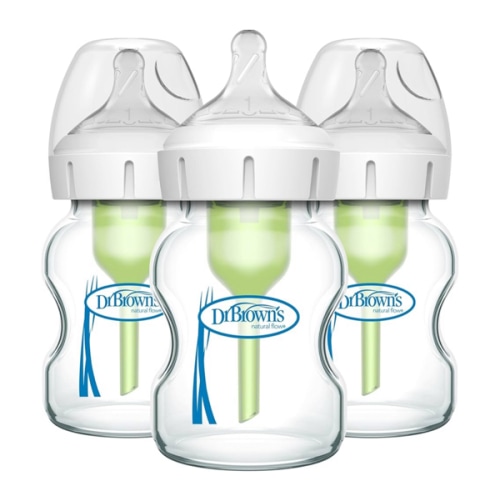 Dr. Brown's Natural Flow Anti-Colic Options+ Wide-Neck Glass Baby Bottles 5 oz/150 mL, with Level 1 Slow Flow Nipple, 3 Pack, 0m+