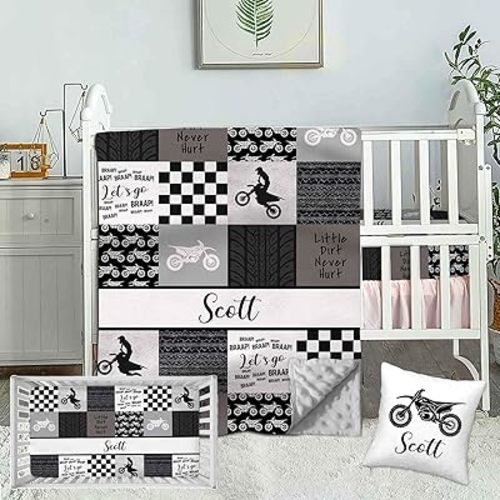 Personalized Name Crib Bedding Set for Baby Boys, Custom 3 Piece Motocross Baby Boy Crib Sets, Minky Dotted Backing Blanket, Fitted Sheet, Pillowcase, Nursery Crib Set for Newborn Toddler Infant