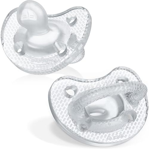 Chicco PhysioForma Luxe Silicone One Piece Pacifier for Babies Aged 6-16m | Fashion Textured Shield | BPA & Latex Free | Reusable Sterilizing Case | Crystal, 2pk