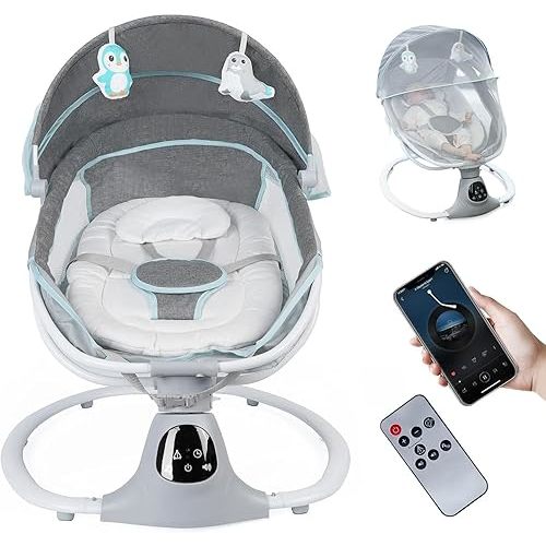 Electric Baby Swing for Infants to Toddler, Portable Swing Baby Rocker with 5 Point Harness, 5 Sway Speed, Bluetooth,12 Preset Lullabies with Remote Control, Infant Swing for Baby Boys & Girls, Grey