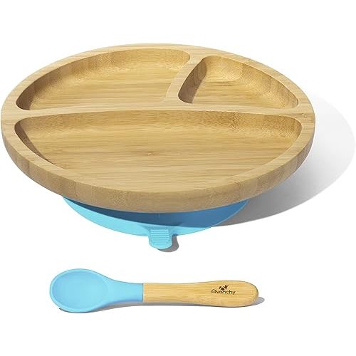 Avanchy Toddler Baby Plates Divided Bamboo, Suction for Babies Kids Toddler Food with Silicone Spoon for Feeding, Blue