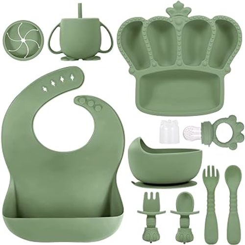 Silicone Baby Feeding Set 10 Pcs Baby Led Weaning Supplies Suction Bowl Divided Plate Baby Bibs Fruit feeder Pacifier Baby Spoons Forks Sippy Cup Utensil Sets Baby Essentials for Newborn Olive Green