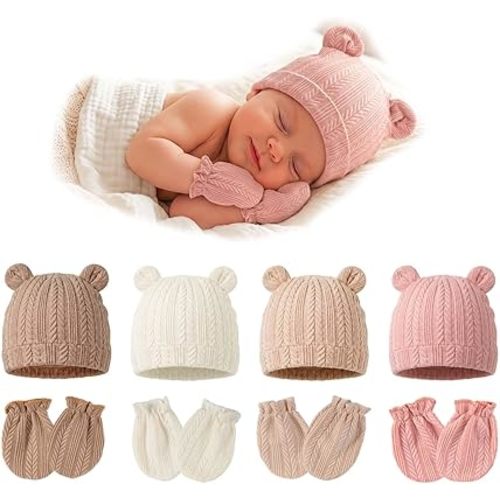 4 Pack Newborn Girl Hats and No Scratch Mittens Set 0-3 Months
