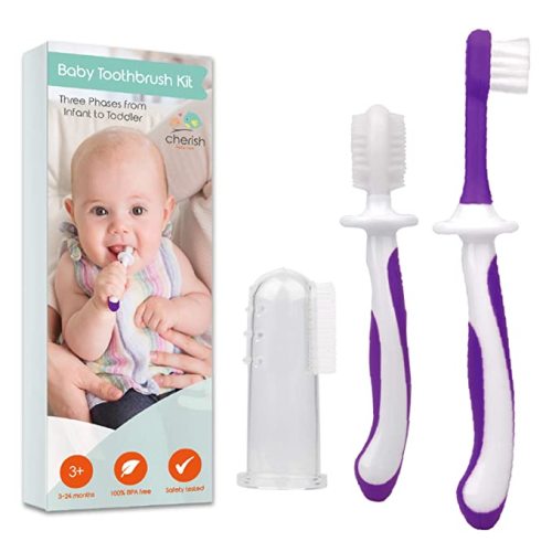 Cherish Baby Care Baby Toothbrush Set (3-24 Months) - BPA-Free Baby Finger Toothbrush, Training Toothbrush & Toddler Toothbrush - Designed in Canada - Complete Baby’s First Toothbrush Kit (Purple)