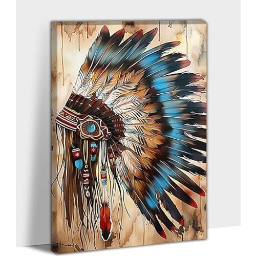 GUTTATY Native American Wall Art - Headdress Feathered Art Native American Wall Decor, Indian Wall Art for Home Decor, Indian Art Canvas Print Framed 24x36''