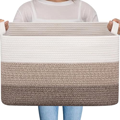 OIAHOMY Large Storage Basket, Cotton Rope Woven Blanket Basket, Toy Basket for Baby Room, Basket for Blanket Storage in Living Room, 20''×16''×12'', Gradient Brown