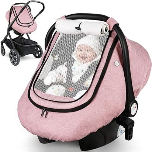 Rquite Car Seat Cover Baby, Winter Carseat Covers Boy Girl, Waterproof Infant Car Seat Cover Warm Car Seat Canopy for Cold Weather, Windproof Baby Carrier/Stroller Cover with 2 Layers Windows, Pink