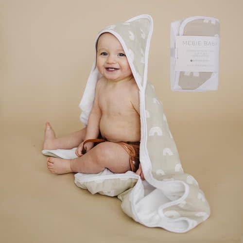 Mebie Baby Muslin Hooded Towel, Sand Rainbow, Cute Hooded Baby Bath Towel for Newborn, Infant & Toddler, Modern Baby Towels and Washcloths for Boy & Girl, Floral & Pattern Hooded Baby Towels