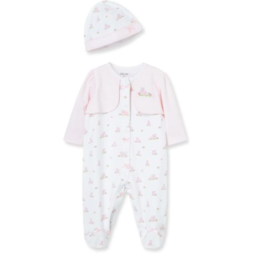 Little Me Clothes for Baby Girls 100% Cotton Scratch-Free Tag Footed One-Piece Romper and Hat Sleeper Set Preemie to 9 Months