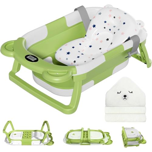 MoreFeel Collapsible Baby Bathtub for Newborn with Thermometer & 1 Hooded Towel & 1 Soft Floating Cushion,Portable Travel Bathtub with Drain Hole, Durable Foldable Baby Tubs for Infants to Toddler