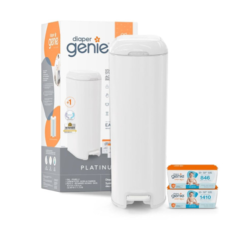 Diaper Genie Platinum Pail Gift Set, Lily White, Made of Durable Stainless Steel and Includes 2 Easy Roll Refills with 48 Bags.