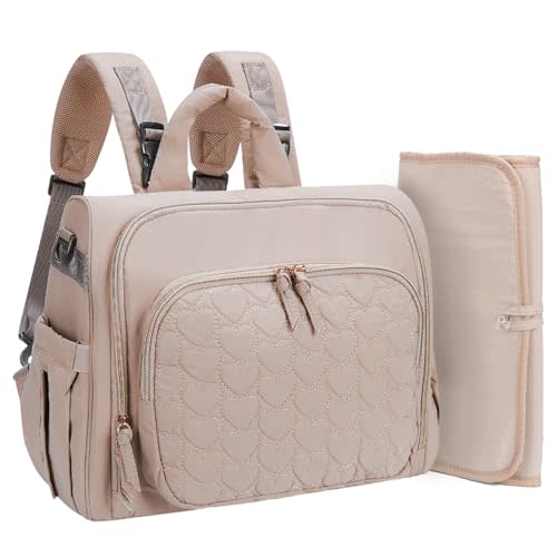 MHOMER Diaper Bag Backpack Puffer Lightweight 3 in 1 Wide Open Small Diaper Bag Tote for Travel with Changing Pad Shoulder Straps,Beige