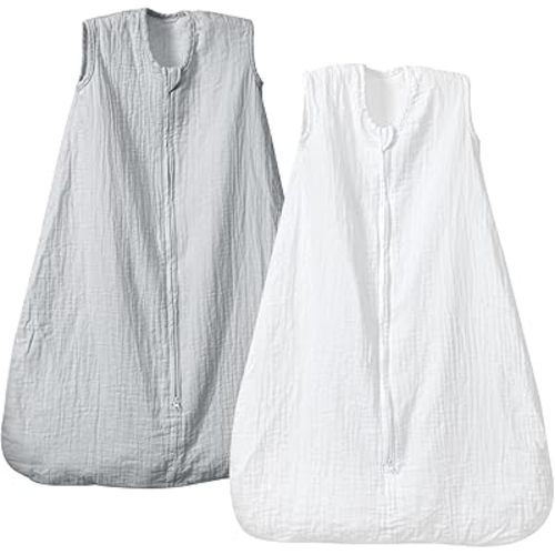 PHF 100% Muslin Cotton Baby Sleep Sacks, 6-12 Months Sleep Sack with 2-Way Zipper, 2 Pack Cooling Unisex 0.5 TOG Breathable Medium Size Sleeveless Baby Wearable Blanket, White & Grey