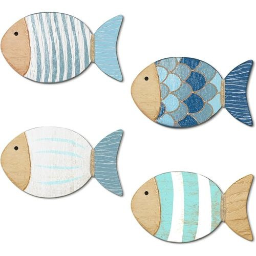 Putuo Decor 4 Pcs Wood Fish Wall Art, Nautical Beach Decor, Wooden Fish Hanging Sculptures, Blue (5.5 In)
