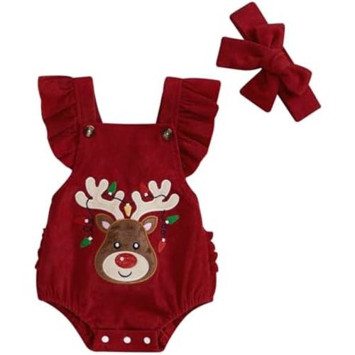 Karuedoo Newborn Baby Girl Christmas Outfit Gingerbread/Reindeer Embroidery Ruffle Sleeveless Corduroy Romper Bodysuit