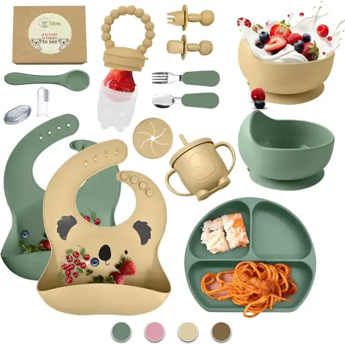 O'doe 17-Piece BPA-Free Silicone Baby Feeding Set | Thick & Soft Suction Plates, Baby Bowls, Wooden Fork & Spoon, and More | Make Mealtime Fun and Easy for Your Little One (Beige and Green, V3)