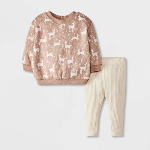 Grayson Mini Baby Girls' Deer Printed Sweatshirt Set - Brown 0-3m
