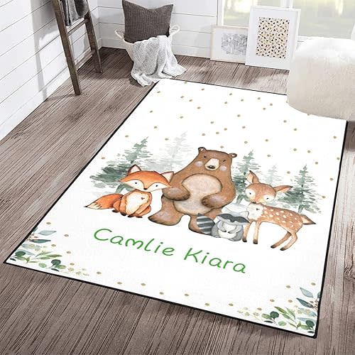 Woodland Bear Fox Deer Personalized Polyester Fiber Non-Slip Home Decor Carpets,Custom Area Rug Carpet Floor Mat for Bedroom Living Room Home Playroom Size 4'x5.2'
