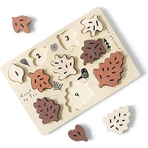 Wee Gallery Wooden Tray Puzzle Count to Ten Leaves - Montessori Toys for Early Learning & Fine Motor Skill Development - Sustainable Educational Toys for Kids - (10x7 Inches)