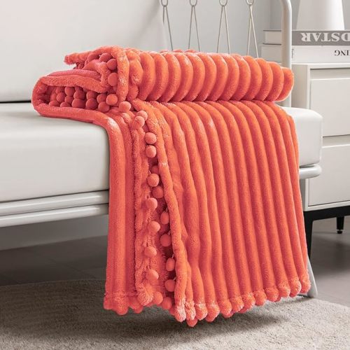 DISSA Fleece Blanket Throw Size – 51x63, Coral – Soft, Plush, Fluffy, Fuzzy, Warm, Cozy – Perfect Throw for Couch, Bed, Sofa - with Pompom Fringe - Flannel Blanket Throw Blanket - 51x63"