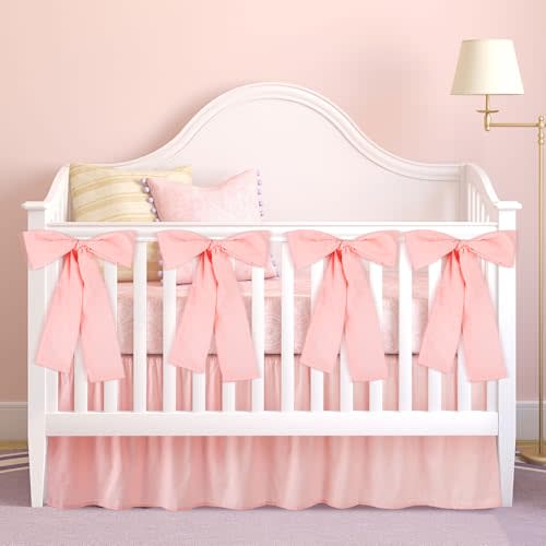 SmoothNovelty Pink Crib Bed Skirts with 4 Large Cot Bow Baby Crib Skirt for Boys Girls Nursery Toddler Bedskirt Dust Ruffle 14" Drop