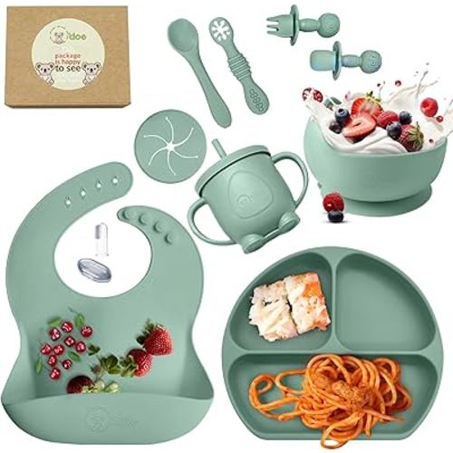 O'doe 11-Piece BPA-Free Silicone Baby Feeding Set | Thick & Soft Suction Plates, Baby Bowls, Wooden Fork & Spoon, and More | Make Mealtime Fun and Easy for Your Little One (Green, V1)
