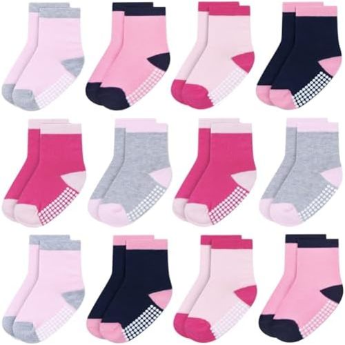 JAKIDAR 12 Pack Baby Toddler Socks Non Slip Grip Cotton Crew Socks for Boys Girls Infants Kids