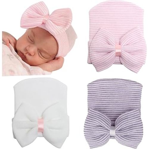 DRESHOW BQUBO Newborn Hospital Hat Infant Baby Hat Cap with Big Bow Soft Cute Knot Nursery Beanie
