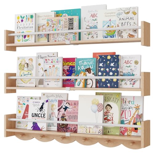 SZYOUYUE Nursery Bookshelves Wall Mounted,34inch,Set of 3, Floating Shelf Kids Coat Rack with 6Hooks,Hanging Shelf for Baby Nursery Room Décor, Patent Number: 29924445,Burlywood