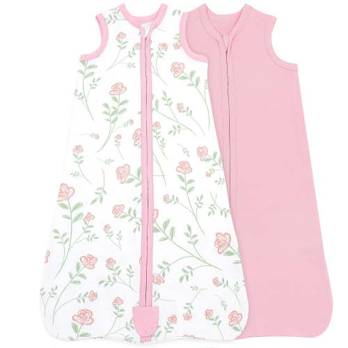 Bublo Baby Baby Wearable Blanket, Cotton Sleep Sacks for 6-12 Months, 2 Pack Girls Sleeping Bag Sack, Medium Size, 2-Way Zipper, 0.5 Tog Breathable Cotton, Pink