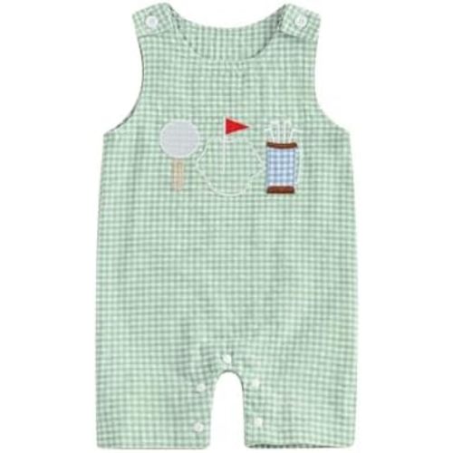 Baby Boy Golf Outfit Crew Neck Sleeveless Golf Embroidery Plaid Print Romper Jumpsuit Summer Toddler Boy Shortalls