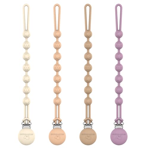 Cuddle Campus Silicone Pacifier Clip Holder with One Piece Design, Pack of 4 Soft Flexible Binky Clips with Texture for Baby Boy and Girl Set 3(6M+)