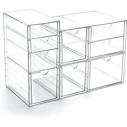 Prsildan Acrylic Drawer Makeup Organizer with 9 Drawers, Set of 3 Office Desk Organizers Accessories, Clear Stackable Storage Drawers for Vanity, Countertop, Craft, Jewelry, Art Supply Organization