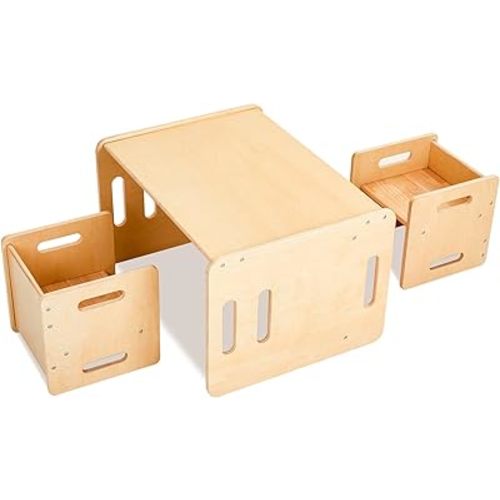 GOME 3 in 1 Wooden Toddler Table and Chair Set, Multi-purpose Kids Activity Table and Chair Set with Weaning Table and Cube Chairs for Reading Playing Drawing,1-6 Year Old Children Furniture