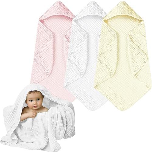 Hooded Baby Towels, 3 Pack Muslin Cotton Baby Towel Set, Super Soft and Absorbent Bath Towel for Babies, Infant, Toddler and Kids, Newborn Essential (35 X 35 Inch) (White + Pink + Yellow)