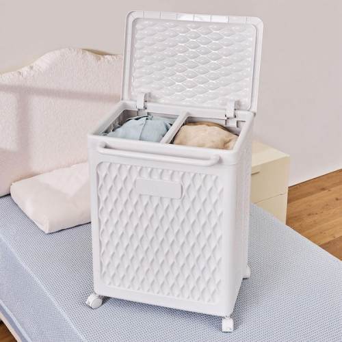 Rolling Laundry Hamper with Lid and Wheels-Dual Compartment, Foldable Plastic Basket for Easy Carry, White (100 L)25 in.