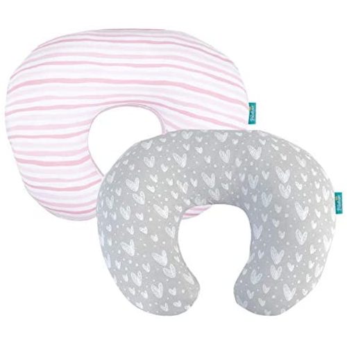 Nursing Pillow Cover 2 Pack Pink and Gray, Stretchy 100% Jersey Cotton Nursing Pillow Slipcovers for Moms Breastfeeding and Bottle Feeding Pillow, Large Zipper Ultra Soft Infant Support Pillow Cover