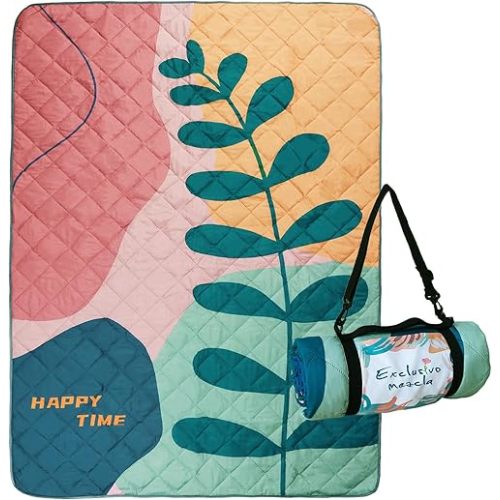 Exclusivo Mezcla Waterproof Picnic Blankets 3-Layer 60x80 Inches Large Sandproof Beach Blanket Foldable Outdoor Blanket for Camping on Grass Picnic Mat, Green Leaf