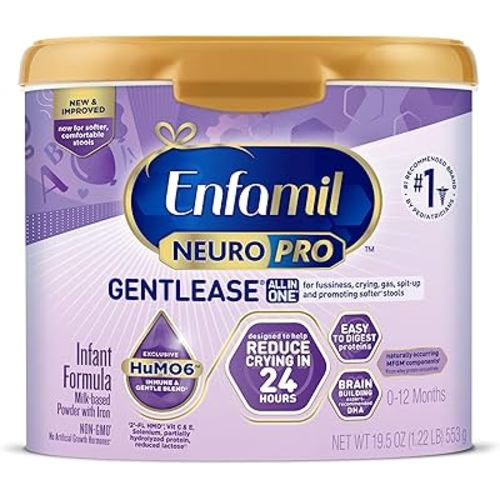 Enfamil NeuroPro Gentlease Baby Formula, Brain Building DHA, HuMO6 Immune Blend, Designed to Reduce Fussiness, Crying, Gas & Spit-up in 24 Hrs, has Prebiotics to Promote Softer Stools, Reusable Tub, 19.5 Oz