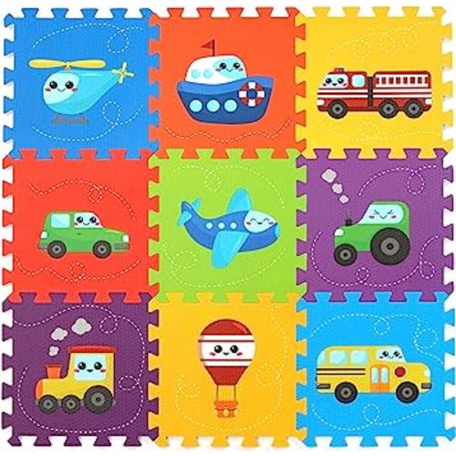 Baby Play Mat, Foam Playmat for Babies, Kids Play Mat, Foam Floor Tiles 34×34 9 Pieces Vehicle Puzzle Mat