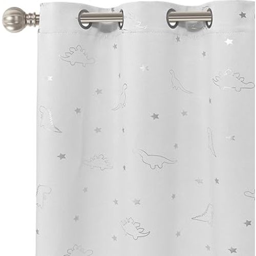 LORDTEX Dinosaur and Star Foil Print Blackout Curtains for Kids Room - Thermal Insulated Curtains Noise Reducing Window Drapes for Boys and Girls Bedroom, 42 x 84 Inch, White, Set of 2 Panels