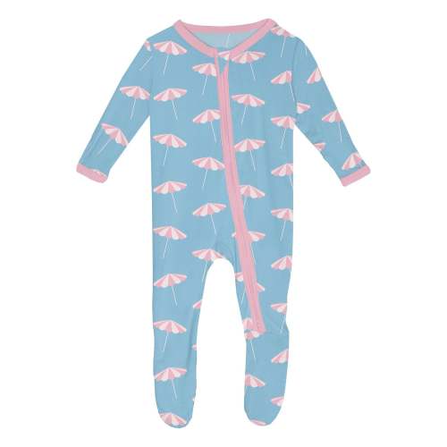 Print Footie with 2 Way Zipper in Seaside Blue Beach Umbrellas