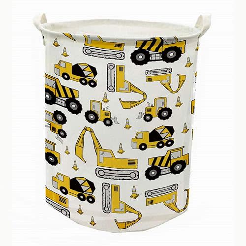 Runtoo 19.7" Large Sized Laundry Hamper Waterproof Foldable Canvas Construction Transports Theme Bucket Clothing Laundry Basket with Handles for Storage Bins Kids Room Home Organizer Nursery Storage